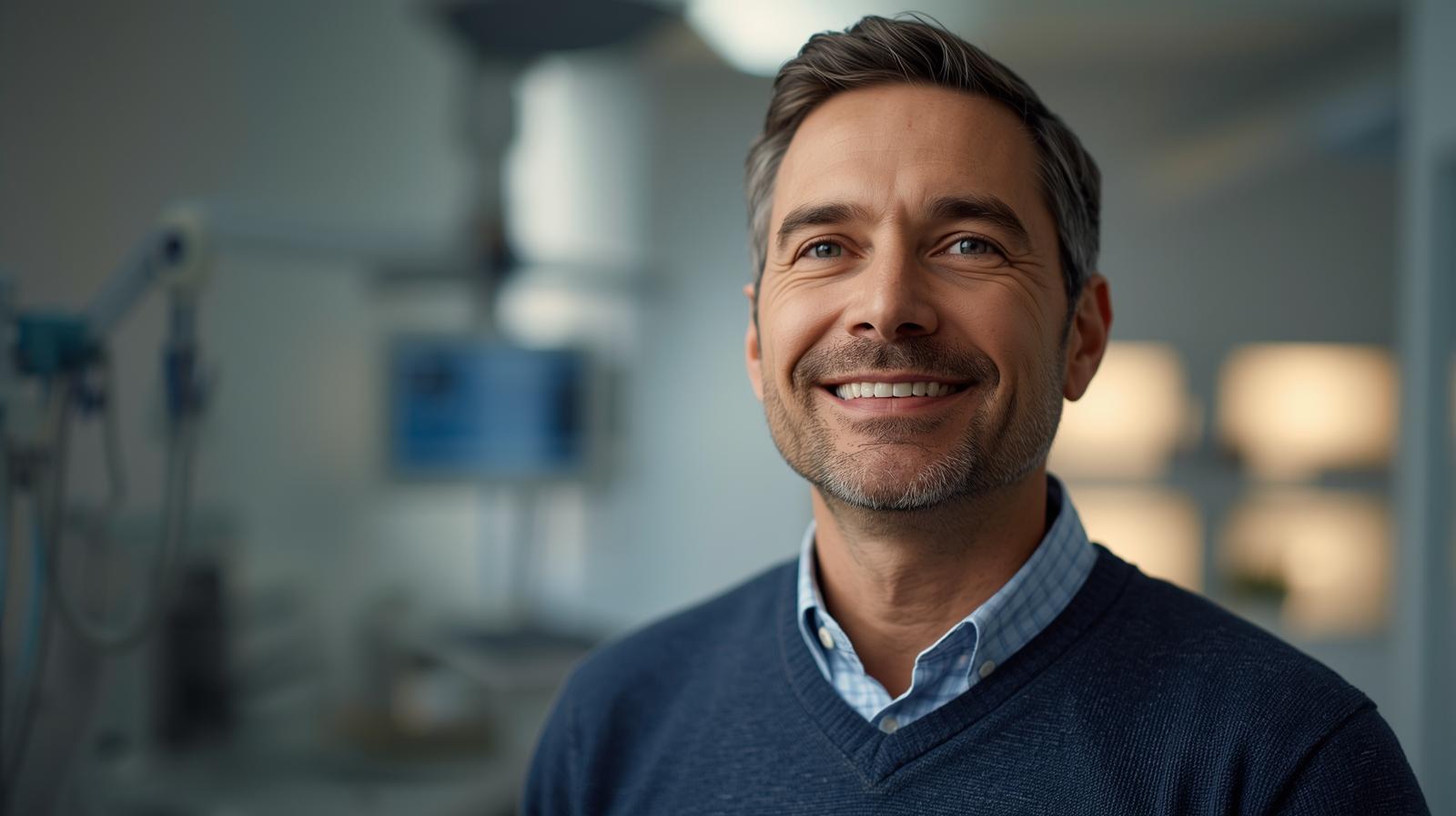 Generate An Image Of A Midle Aged Man Looking Hopeful In A Clinical Setting